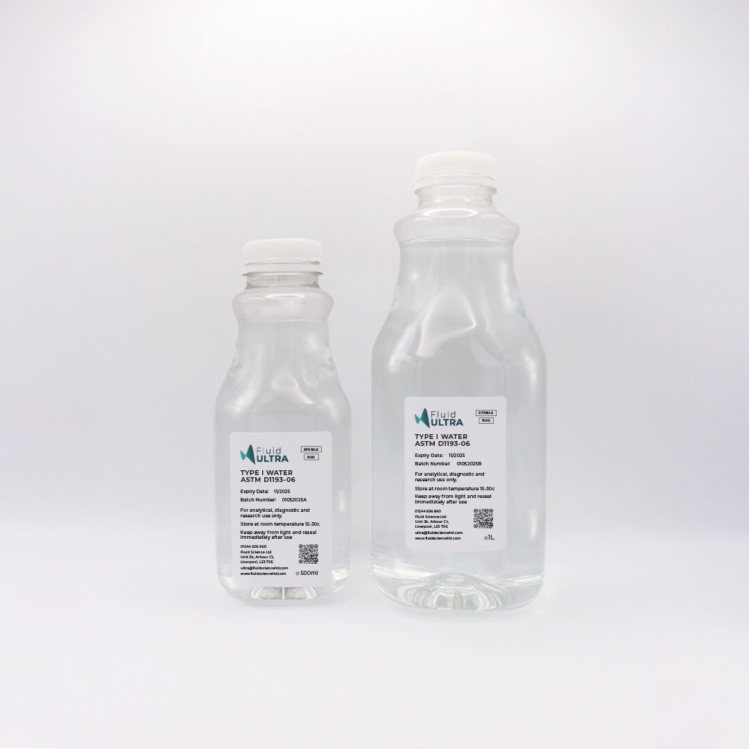 Type 1 Water - Fluid Science TYPE I Deionised Water - TYPE I Water - TYPE 1 Deionised Water - Ultra Pure Water - JPG - ASTM D1193-06 - 500ml - 1000ml - 1L