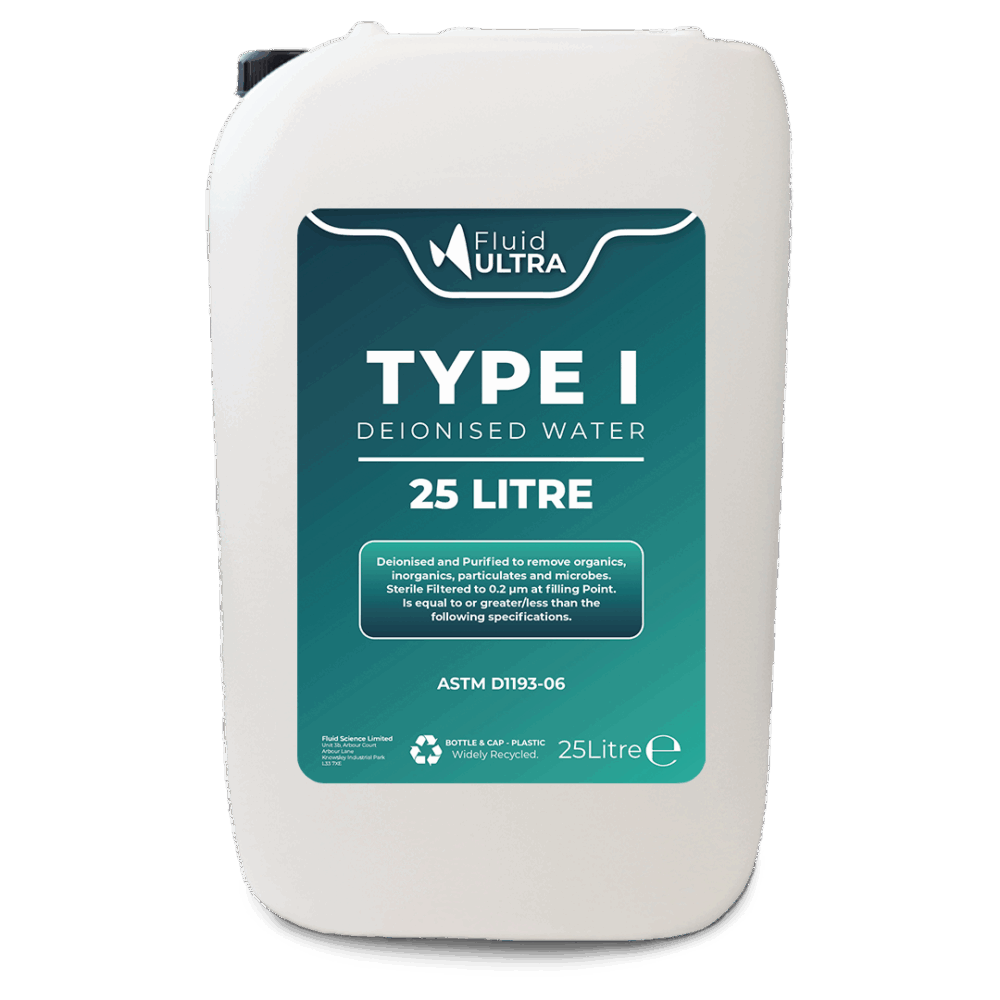 Type 1 Water - Fluid Science TYPE I Deionised Water - TYPE I Water - TYPE 1 Deionised Water - Ultra Pure Water - JPG - ASTM D1193-06 - 25L