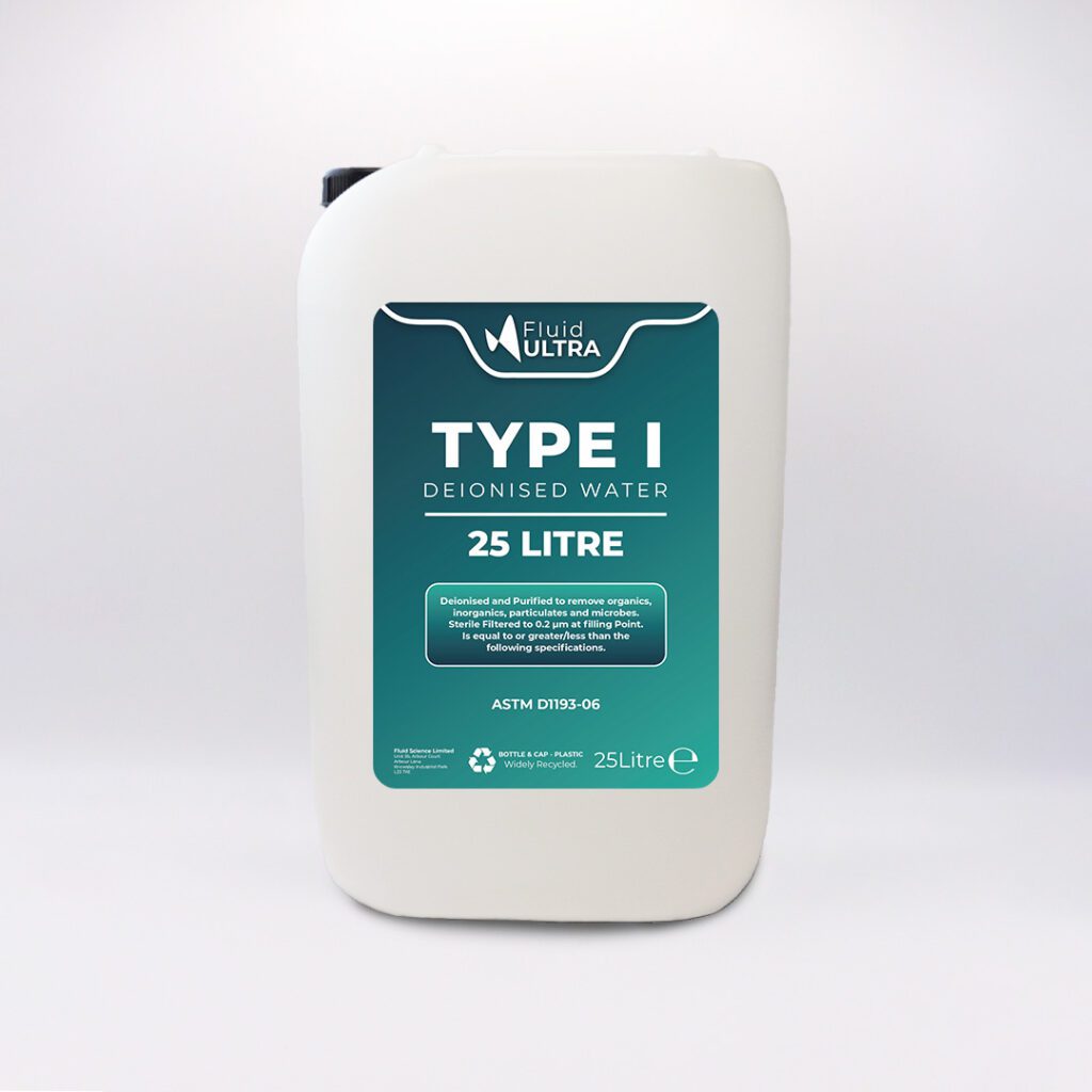 Type 1 Water - Fluid Science TYPE I Deionised Water - TYPE I Water - TYPE 1 Deionised Water - Ultra Pure Water - JPG - ASTM D1193-06 - 25L